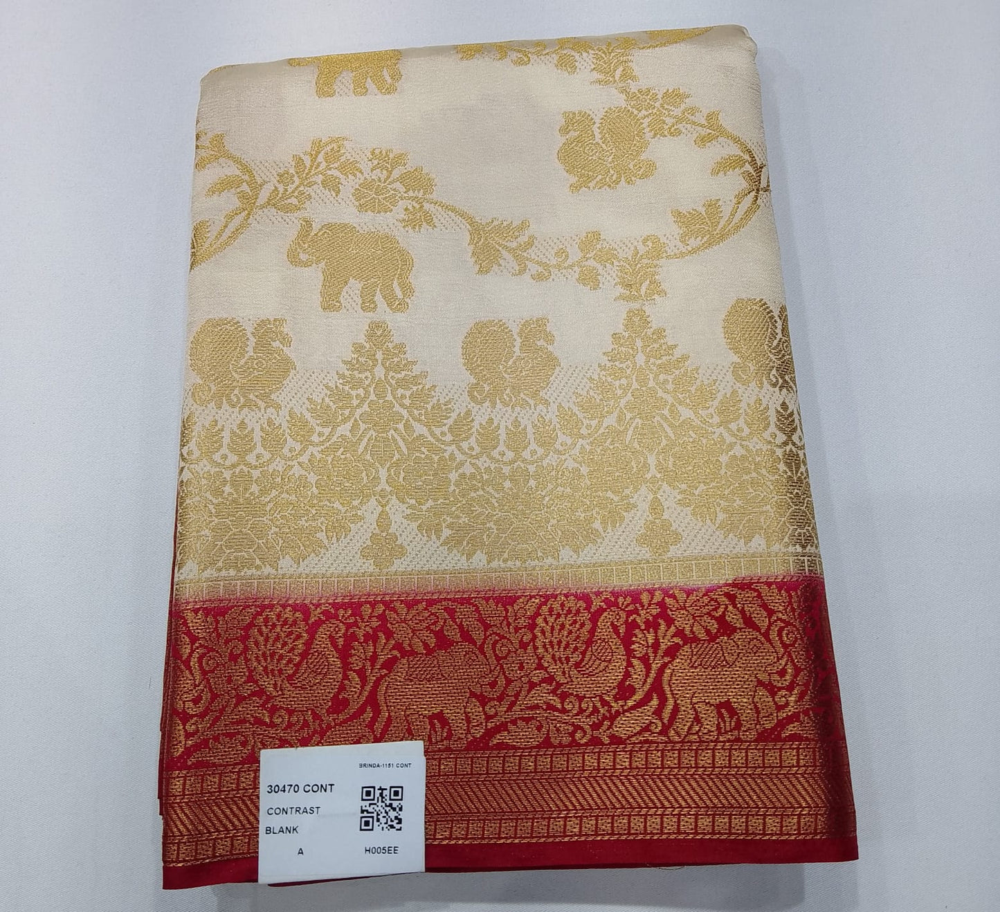 Ivory Cream Semi Silk Saree with Elephant Motifs & Rich Wine Zari Border