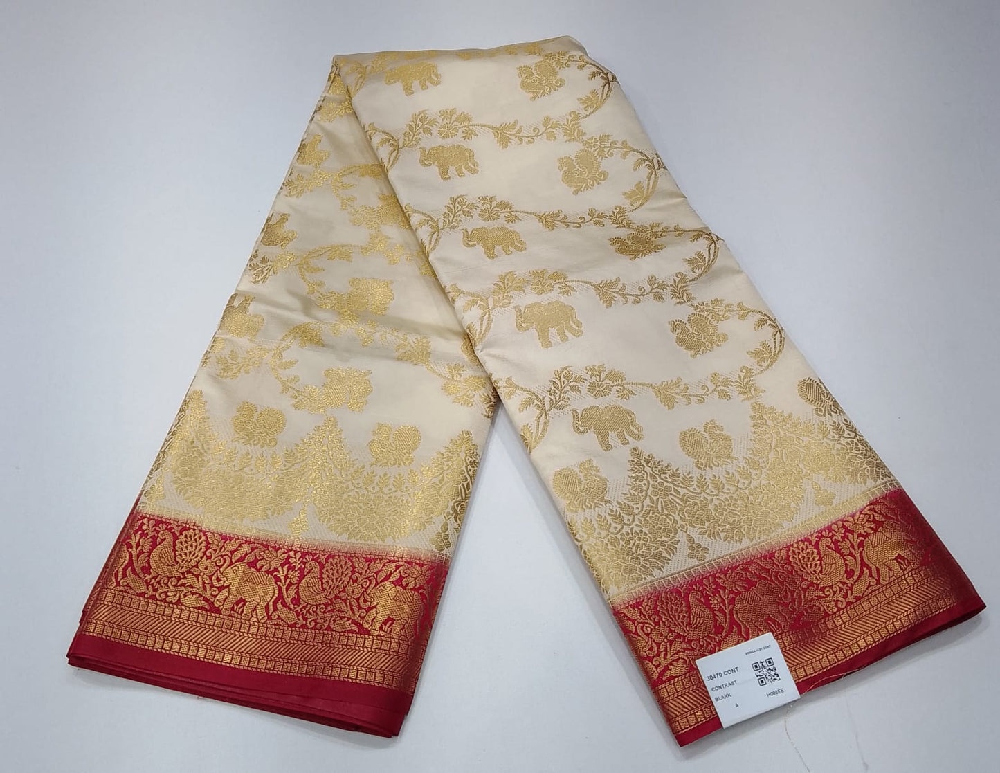 Ivory Cream Semi Silk Saree with Elephant Motifs & Rich Wine Zari Border