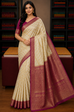 Ivory Cream Semi Silk Saree with Antique Gold Zari & Deep Magenta Border