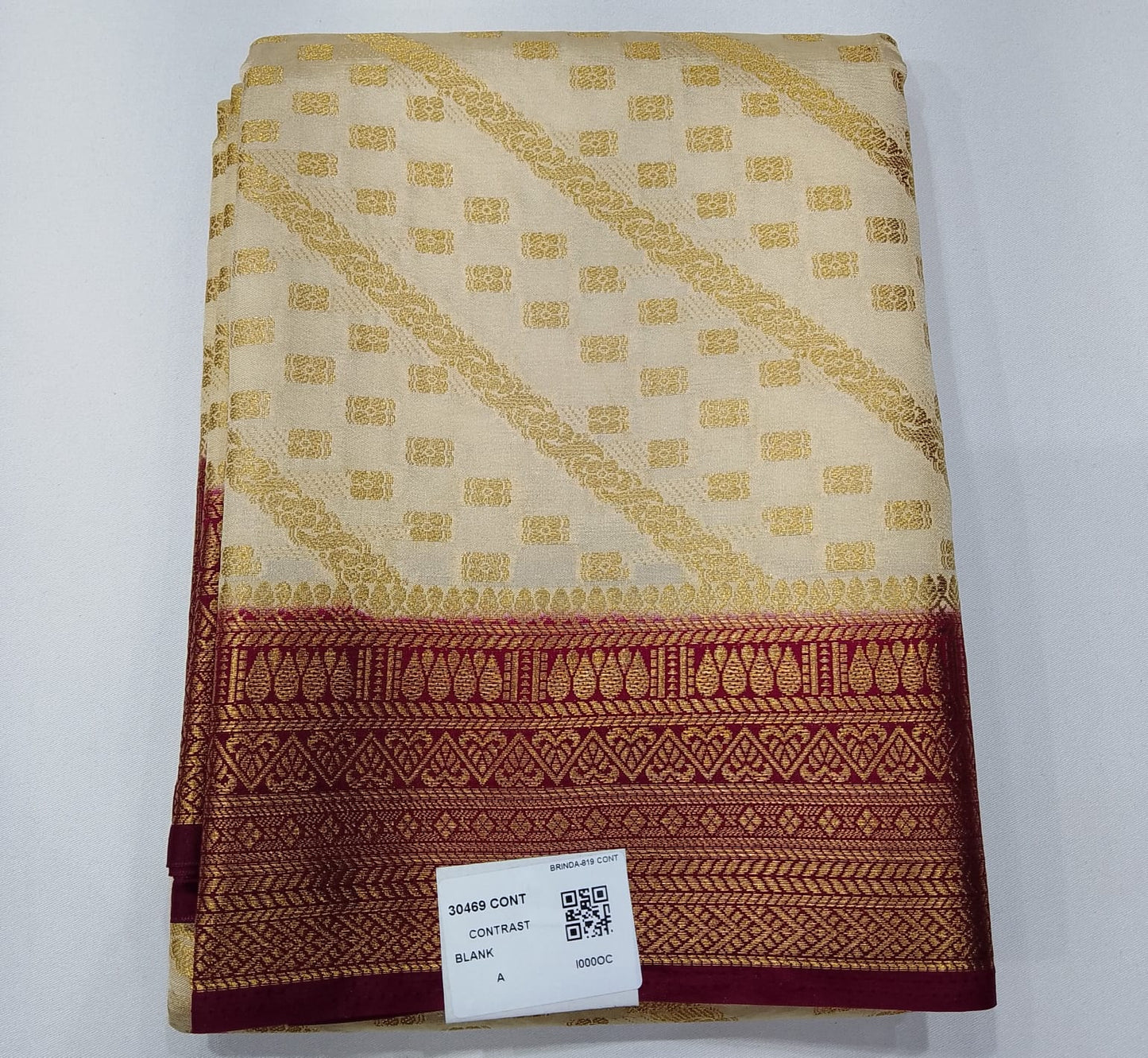 Ivory Cream Semi Silk Saree with Antique Gold Zari & Deep Magenta Border