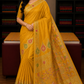 Mustard Yellow Satin Silk Saree with Gold Zari Paisley Motifs & Floral Border