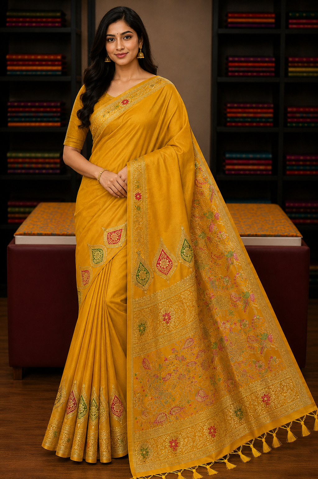Mustard Yellow Satin Silk Saree with Gold Zari Paisley Motifs & Floral Border