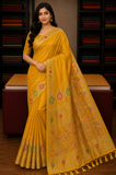 Mustard Yellow Satin Silk Saree with Gold Zari Paisley Motifs & Floral Border