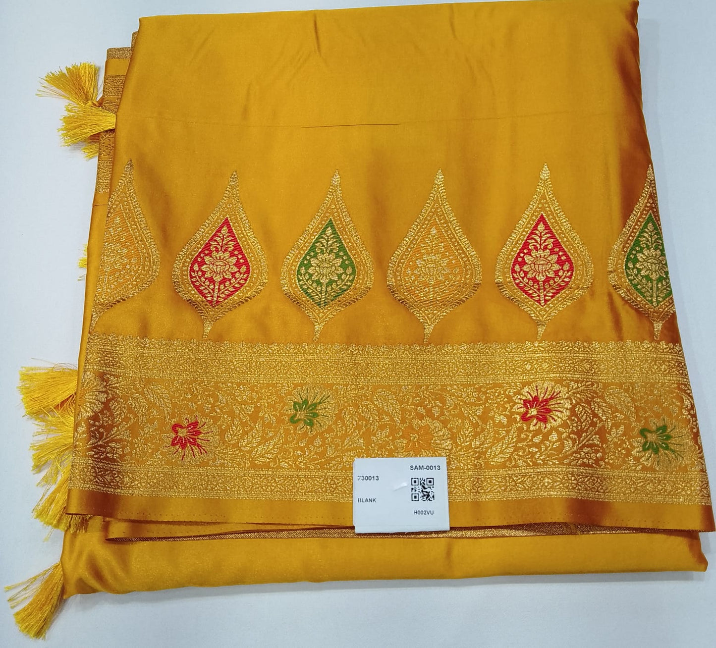 Mustard Yellow Satin Silk Saree with Gold Zari Paisley Motifs & Floral Border