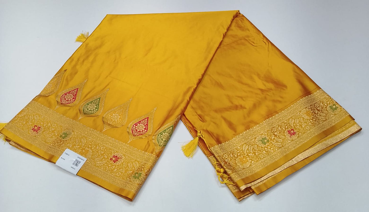 Mustard Yellow Satin Silk Saree with Gold Zari Paisley Motifs & Floral Border