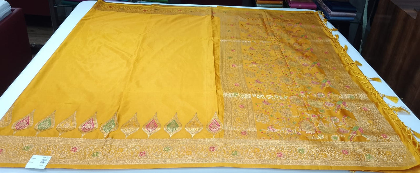 Mustard Yellow Satin Silk Saree with Gold Zari Paisley Motifs & Floral Border