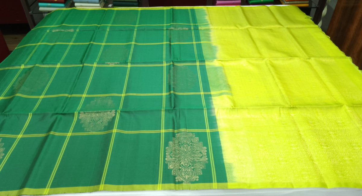 Elegant Peacock Green & Lime Yellow Pure Soft Silk Handloom Saree
