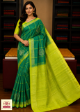 Elegant Peacock Green & Lime Yellow Pure Soft Silk Handloom Saree