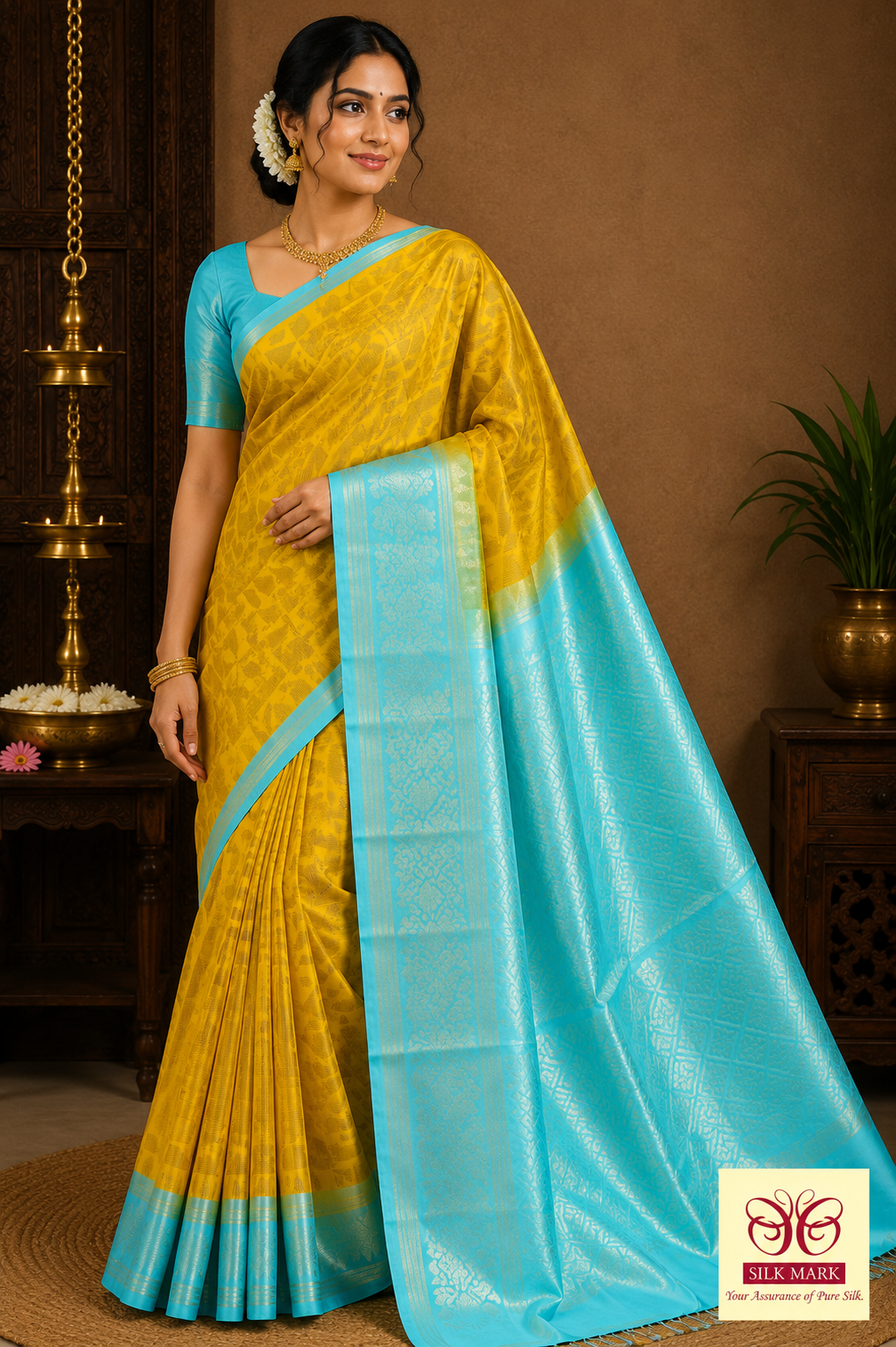 Pure Silk Handloom Soft Silk Saree in Mustard Yellow and Ice Blue