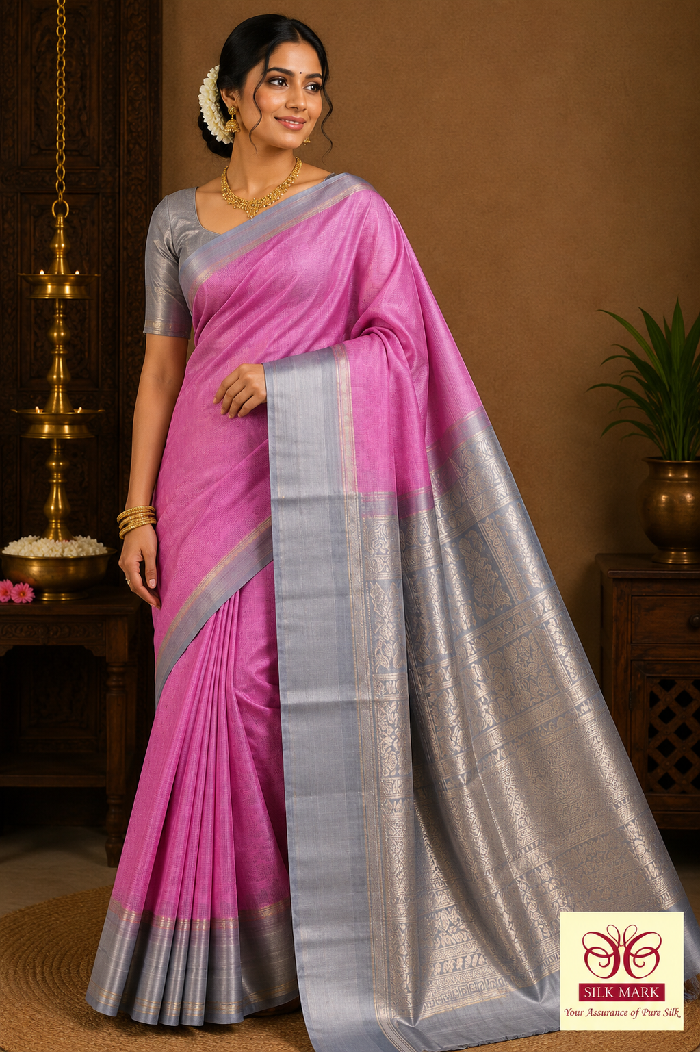 Pure Silk Handloom Soft Silk Saree in Candy Pink and Silver Grey
