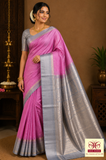 Pure Silk Handloom Soft Silk Saree in Candy Pink and Silver Grey