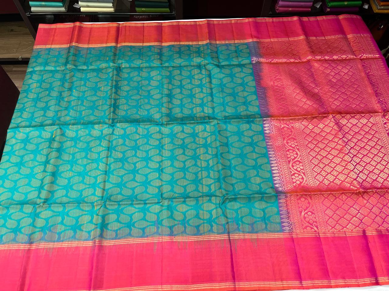 Turquoise Blue & Rani Pink Dual-shade Pallu Pure Silk Handloom Soft Silk Saree
