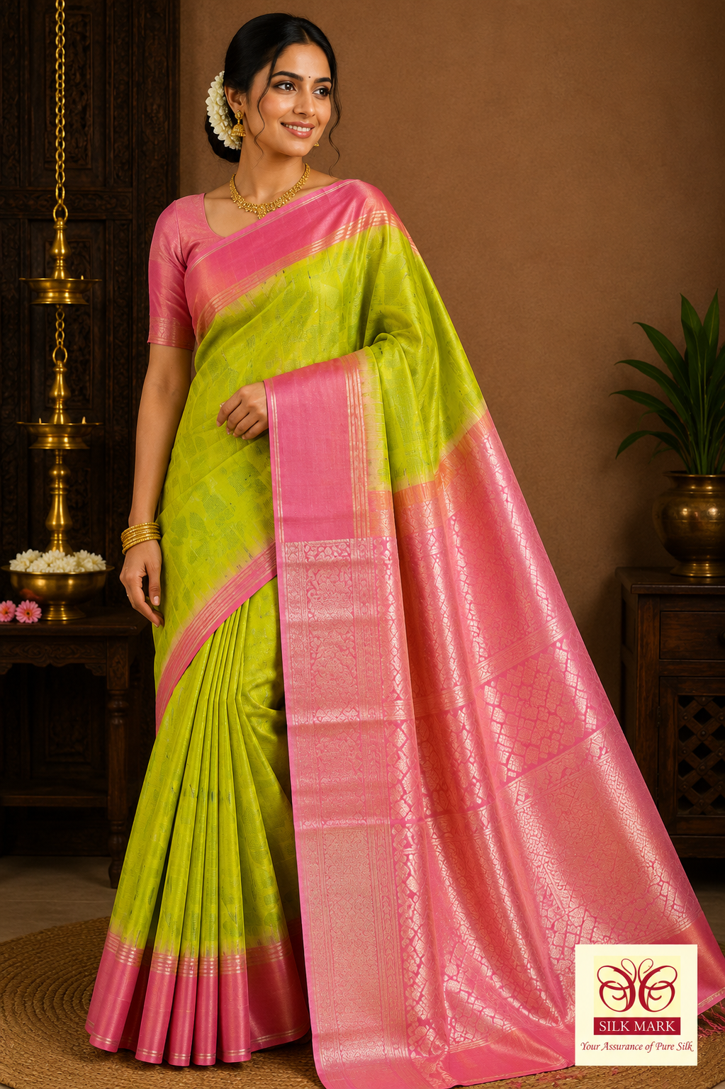 Pure Silk Handloom Soft Silk Saree in Lime Yellow and Baby Pink