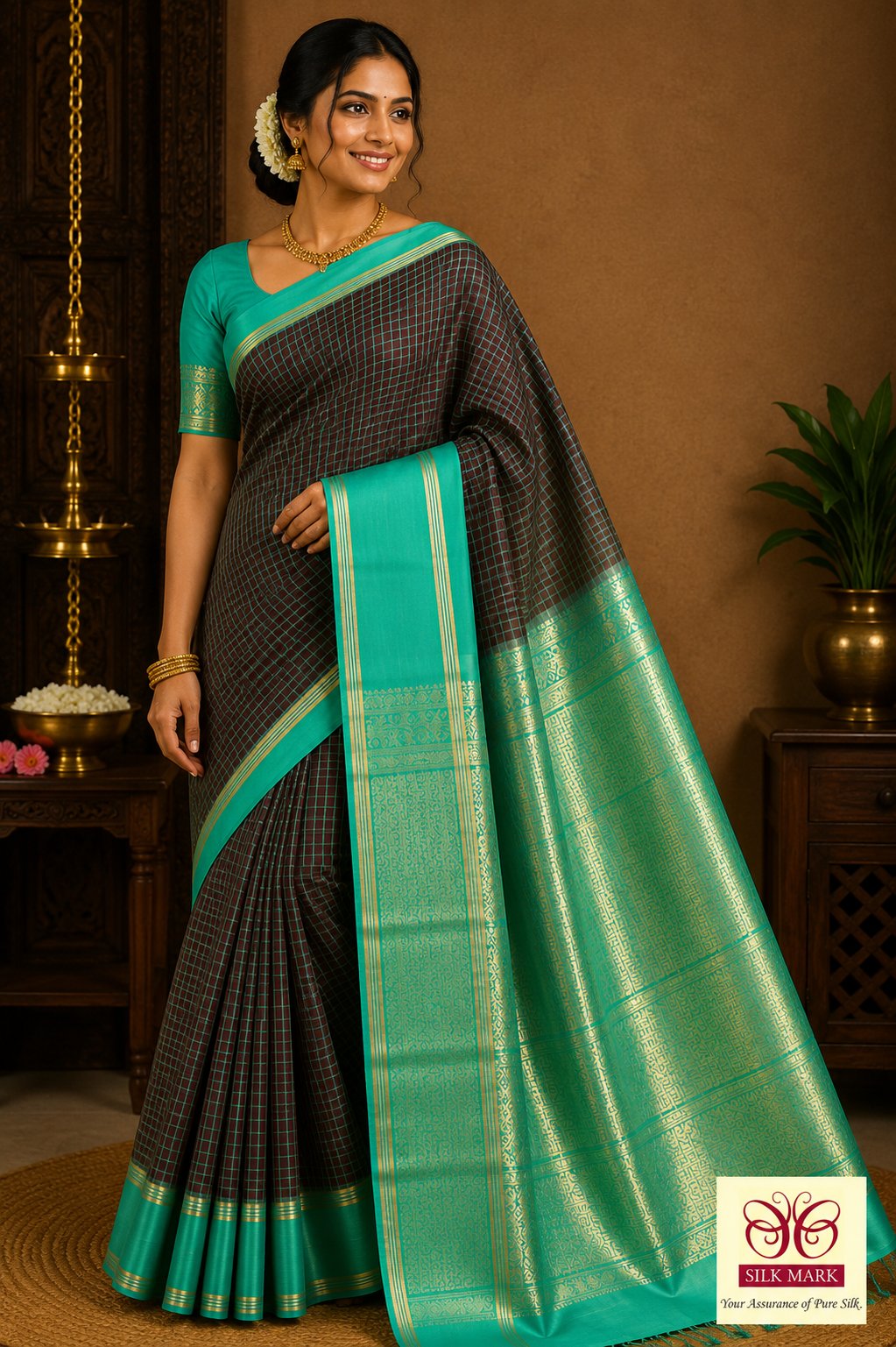 Pure Silk Handloom Soft Silk Saree in Coffee Brown with Aqua Green Zari Border & Pallu