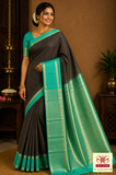 Pure Silk Handloom Soft Silk Saree in Coffee Brown with Aqua Green Zari Border & Pallu