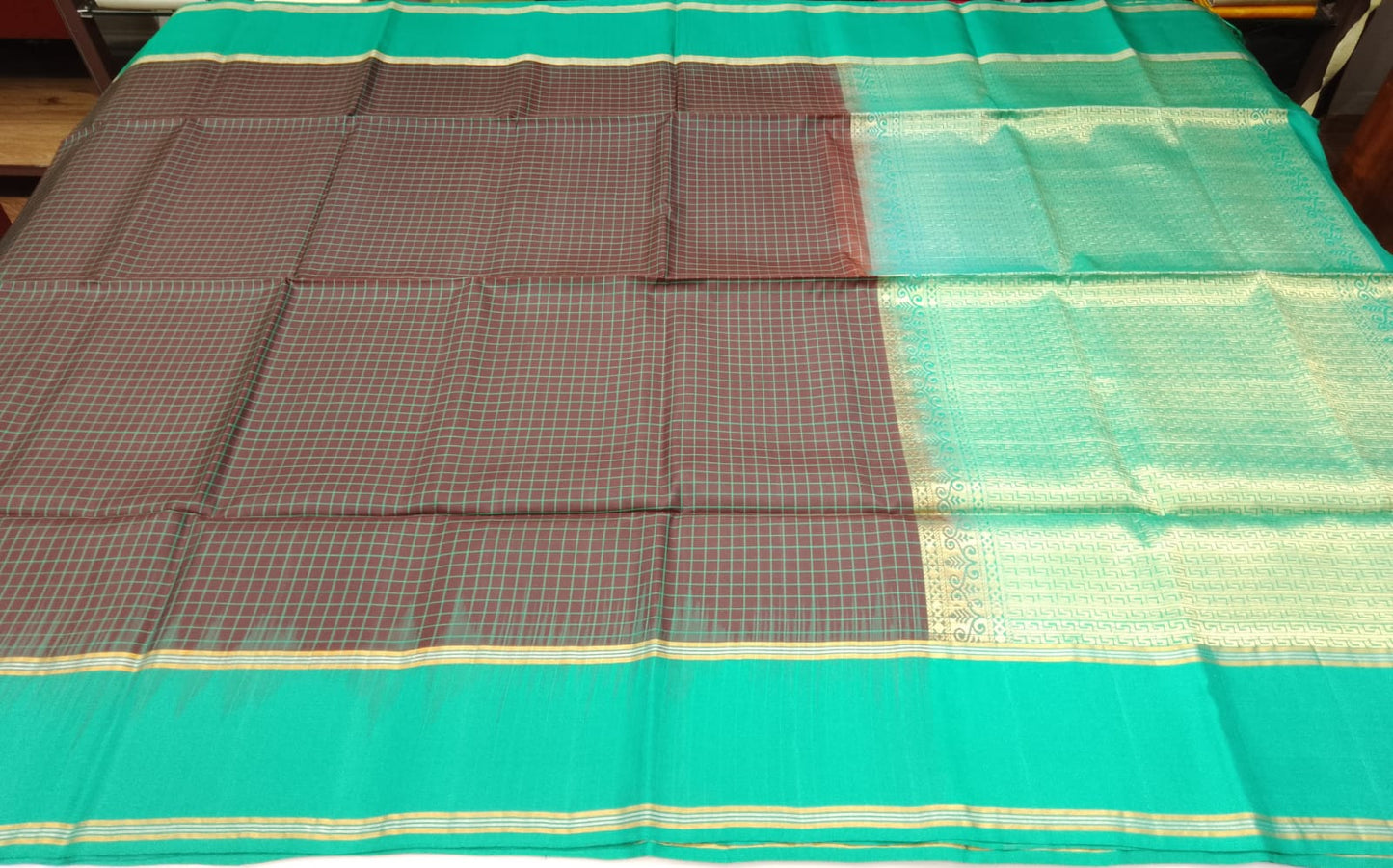 Pure Silk Handloom Soft Silk Saree in Coffee Brown with Aqua Green Zari Border & Pallu