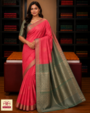Pure Silk Handloom Soft Silk Saree – Tomato Red with Olive Green Zari Pallu
