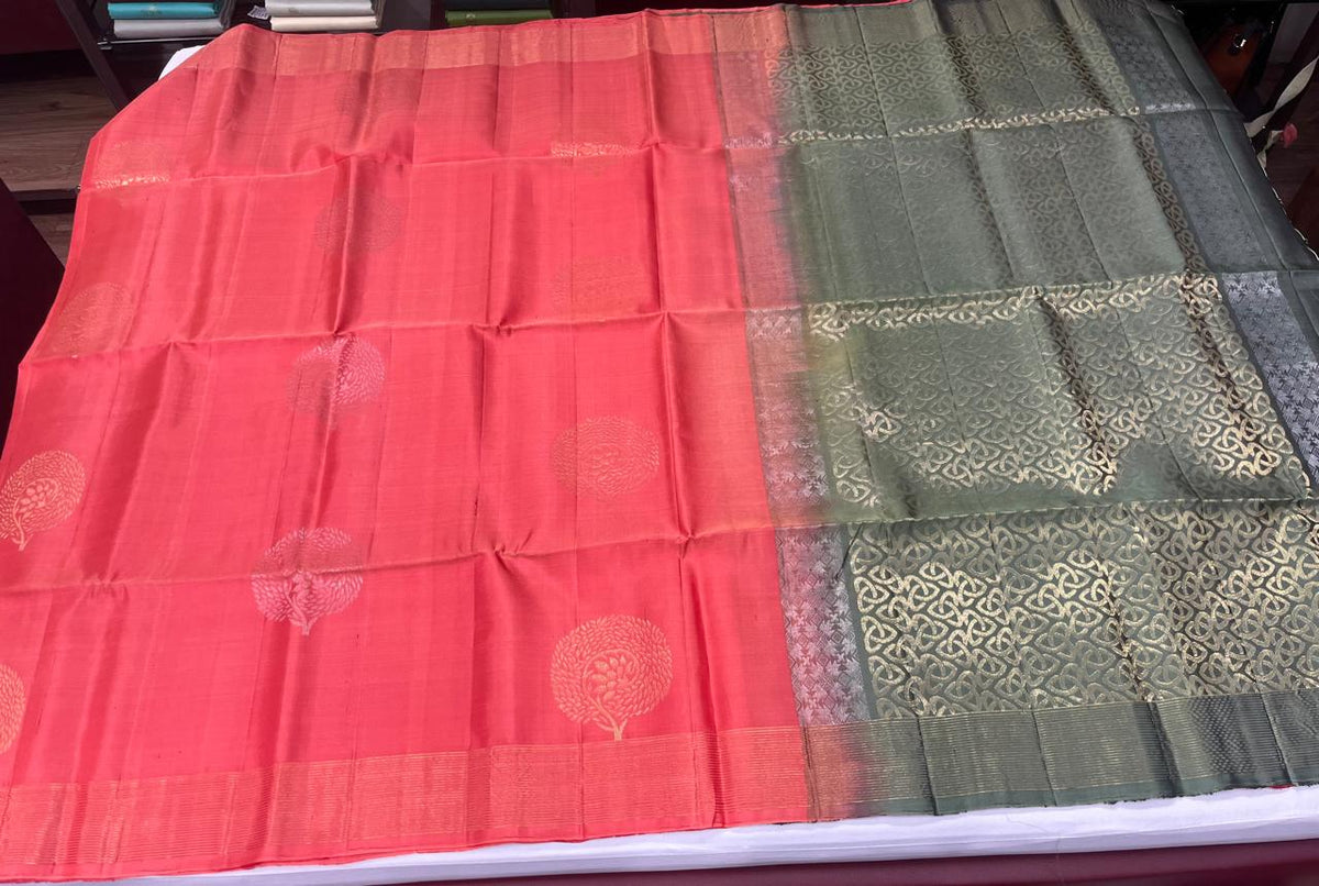 Pure Silk Handloom Soft Silk Saree – Tomato Red with Olive Green Zari Pallu