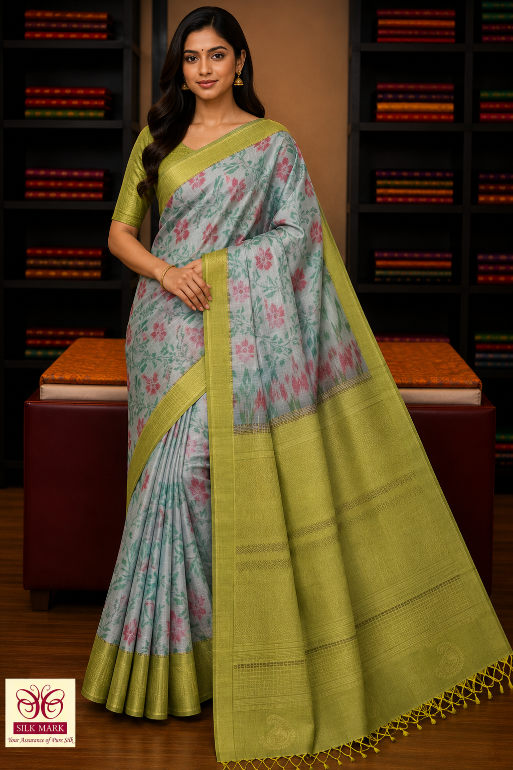 Pure Silk Handloom Pochampally Ikkat Border Saree – Lime Green & Grey Floral Elegance