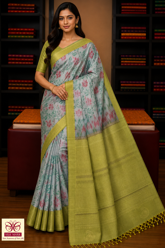 Pure Silk Handloom Pochampally Ikkat Border Saree – Lime Green & Grey Floral Elegance