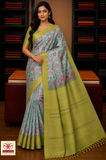 Pure Silk Handloom Pochampally Ikkat Border Saree – Lime Green & Grey Floral Elegance