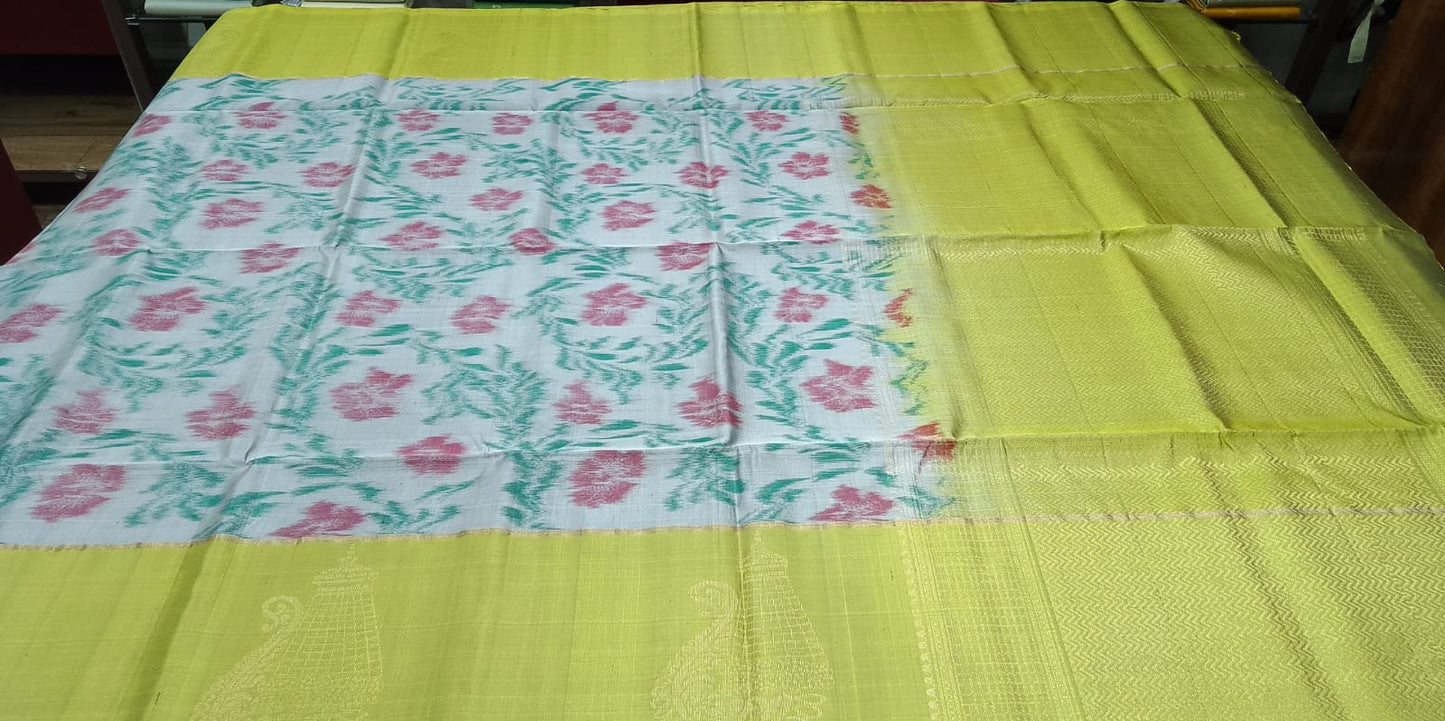 Pure Silk Handloom Pochampally Ikkat Border Saree – Lime Green & Grey Floral Elegance