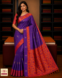 Pure Silk Handloom Pochampally Ikkat Border Saree – Purple & Orange Floral
