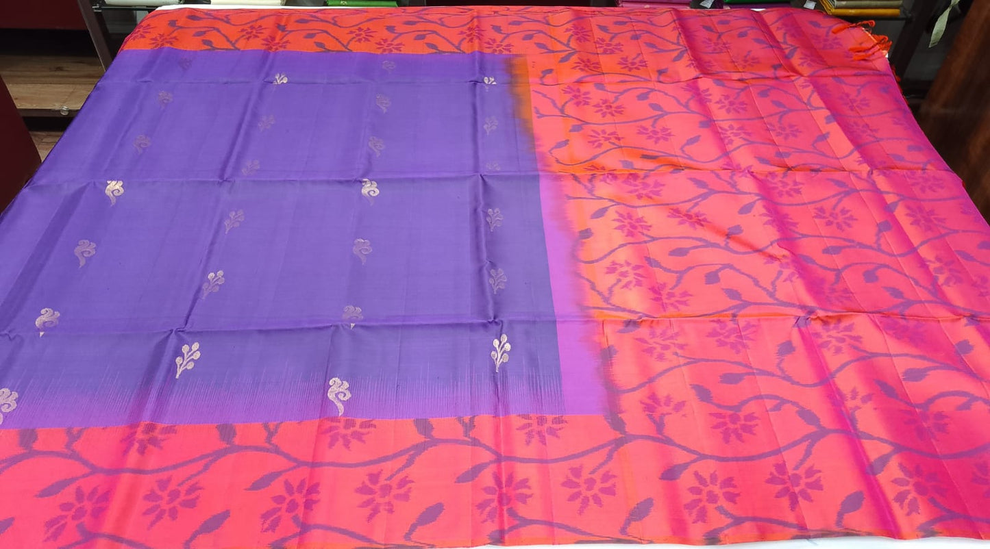 Pure Silk Handloom Pochampally Ikkat Border Saree – Purple & Orange Floral