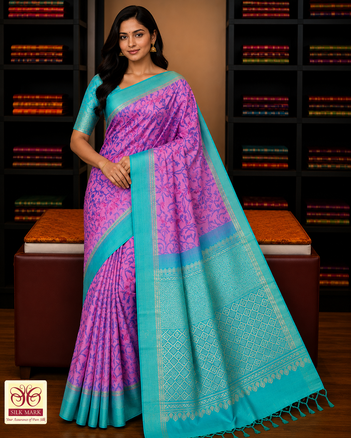 Pure Silk Handloom Pochampalli Ikkat Border Saree – Turquoise Blue & Pink
