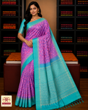 Pure Silk Handloom Pochampalli Ikkat Border Saree – Turquoise Blue & Pink