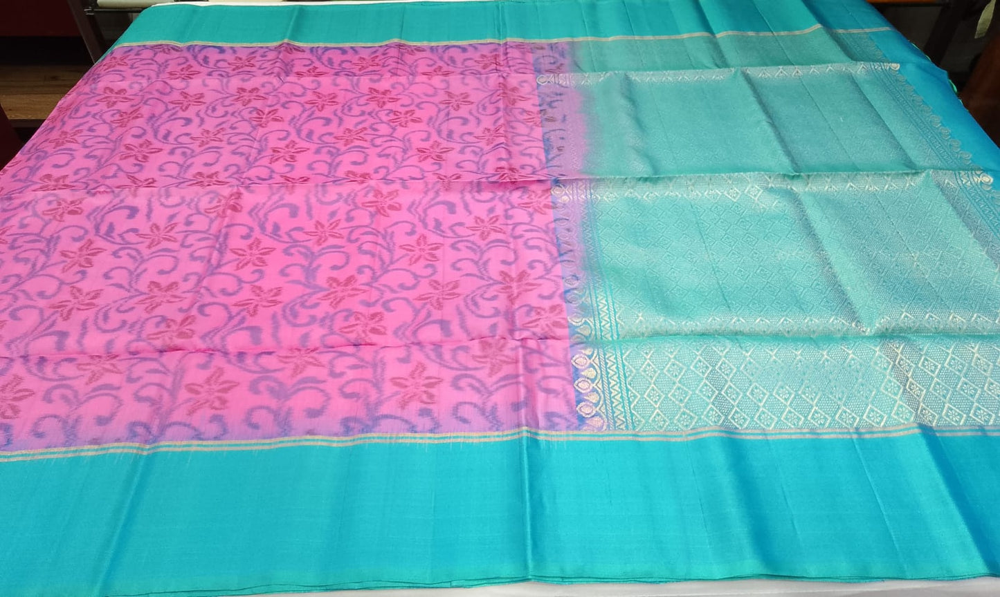 Pure Silk Handloom Pochampalli Ikkat Border Saree – Turquoise Blue & Pink