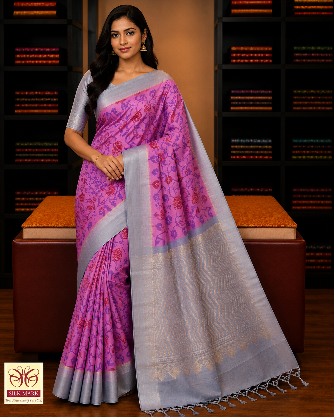 Pure Silk Handloom Pochampalli Ikkat Border Saree – Pink & Silver Grey Floral Elegance