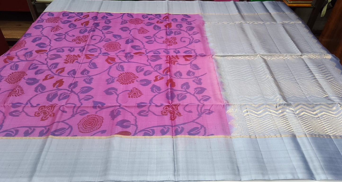 Pure Silk Handloom Pochampalli Ikkat Border Saree – Pink & Silver Grey Floral Elegance