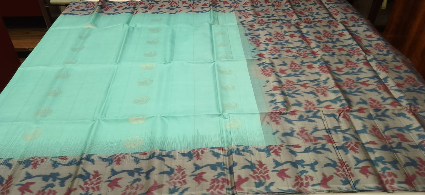Pure Handloom Silk Pochampally Saree – Aqua Mint Green with Floral Ikat Grey Pallu