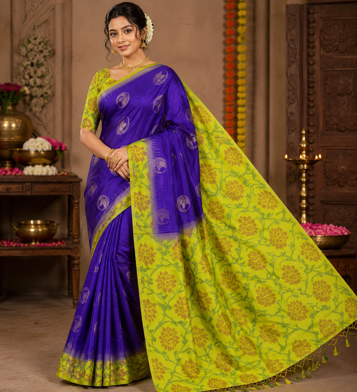 Pure Handloom Silk Pochampally Saree – Royal Purple with Lime Yellow Floral Ikat Pallu