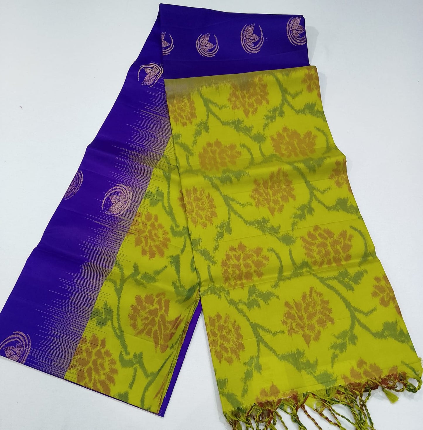 Pure Handloom Silk Pochampally Saree – Royal Purple with Lime Yellow Floral Ikat Pallu