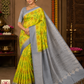 Pure Handloom Silk Pochampally Saree – Sunshine Yellow Floral Ikat with Silver Grey Pallu