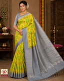 Pure Handloom Silk Pochampally Saree – Sunshine Yellow Floral Ikat with Silver Grey Pallu