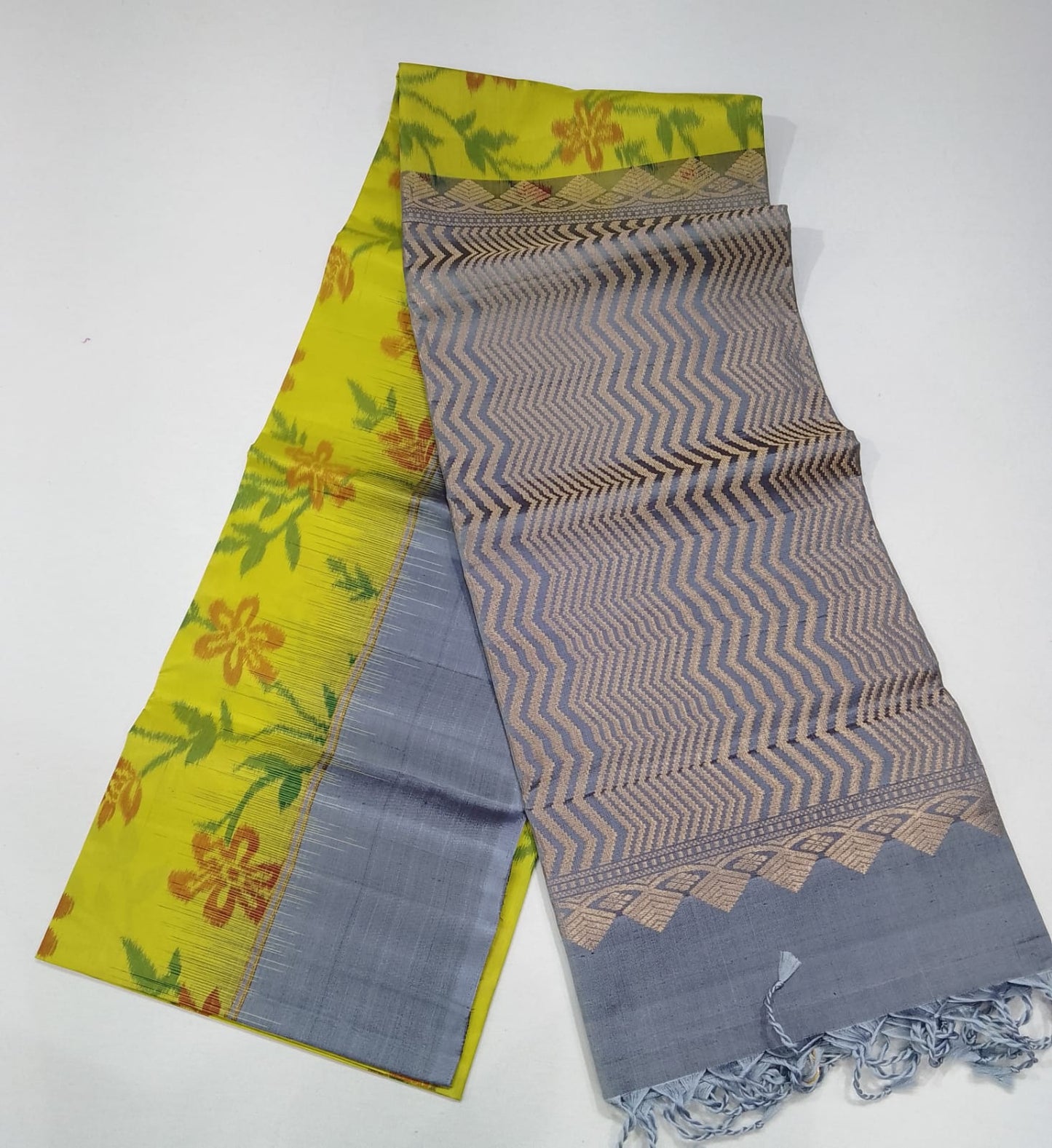 Pure Handloom Silk Pochampally Saree – Sunshine Yellow Floral Ikat with Silver Grey Pallu