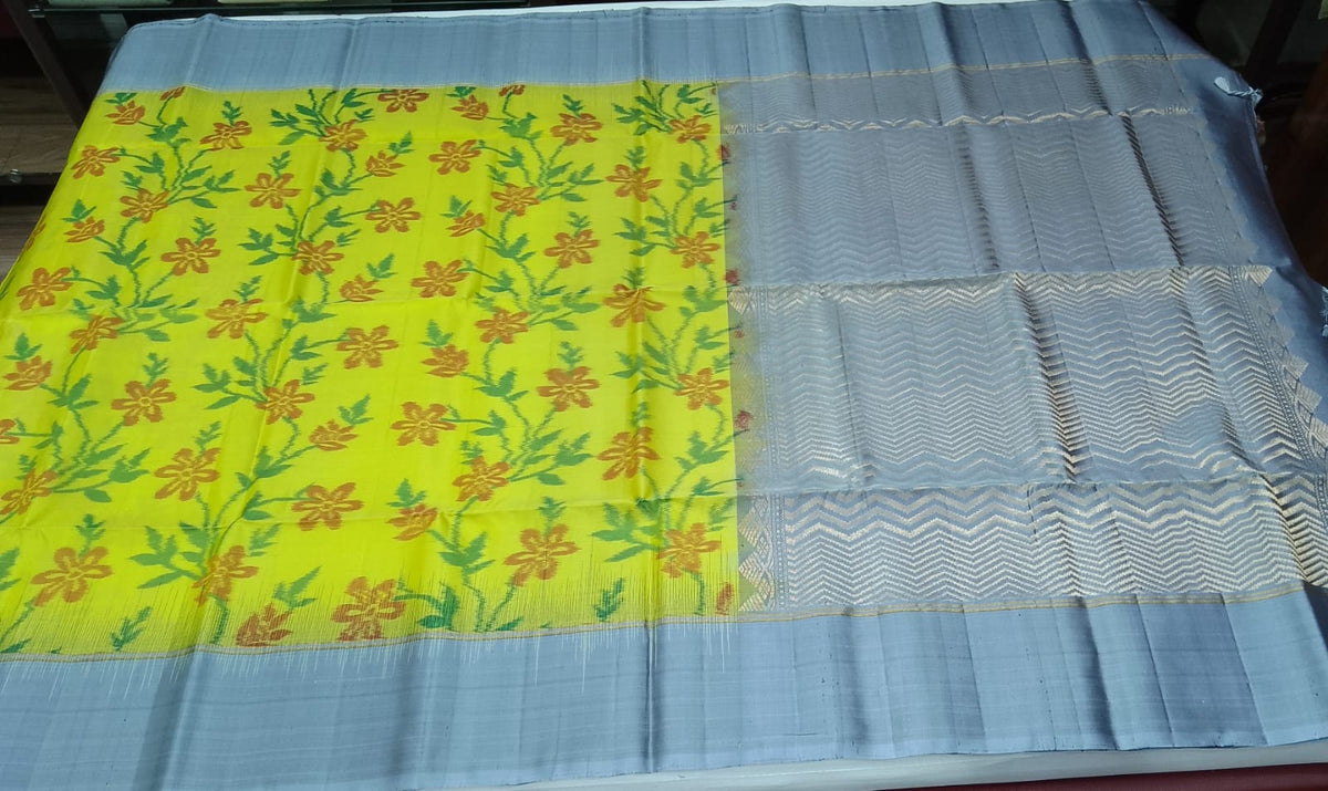 Pure Handloom Silk Pochampally Saree – Sunshine Yellow Floral Ikat with Silver Grey Pallu
