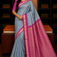 Pure Silk Handloom Soft Silk Saree – Mist Grey with Rani Pink Zari Pallu