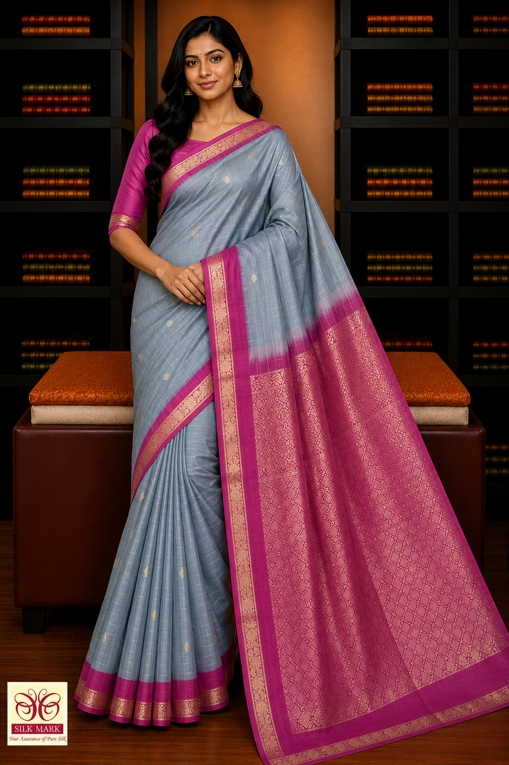 Pure Silk Handloom Soft Silk Saree – Mist Grey with Rani Pink Zari Pallu