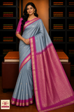 Pure Silk Handloom Soft Silk Saree – Mist Grey with Rani Pink Zari Pallu