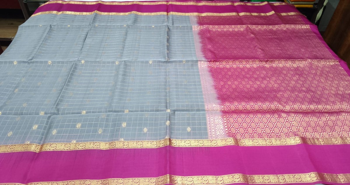 Pure Silk Handloom Soft Silk Saree – Mist Grey with Rani Pink Zari Pallu