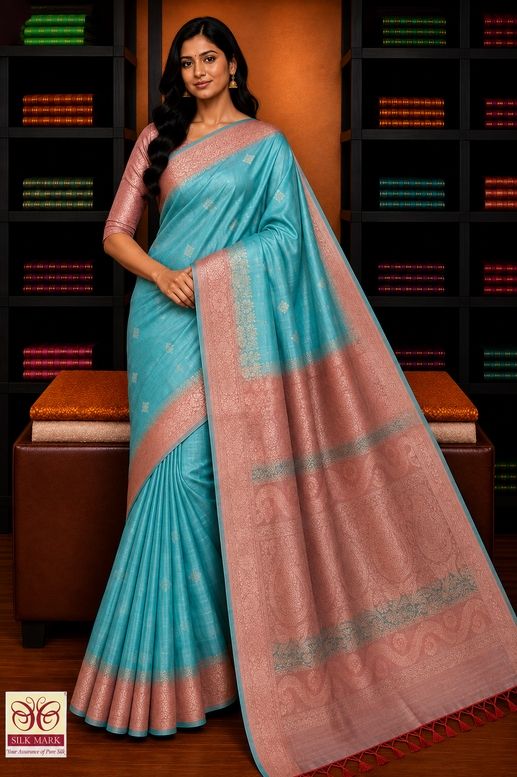 Pure Silk Handloom Soft Silk Big Border Saree – Turquoise Blue & Dusty Rose