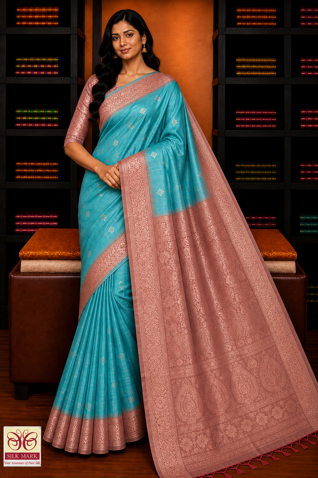 Pure Silk Handloom Soft Silk Big Border Saree – Turquoise Blue & Dusty Rose