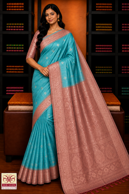 Pure Silk Handloom Soft Silk Big Border Saree – Turquoise Blue & Dusty Rose