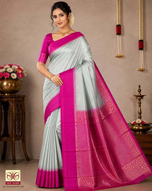 Pure Silk Handloom Soft Silk Saree – Silver Grey with Rani Pink Zari Pallu