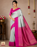 Pure Silk Handloom Soft Silk Saree – Silver Grey with Rani Pink Zari Pallu