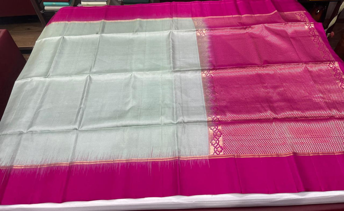 Pure Silk Handloom Soft Silk Saree – Silver Grey with Rani Pink Zari Pallu